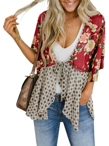 🔥🔥🔥🔥Women's Floral Kimono Ruffle Sleeve Tie Cardigans Flowy Boho Loose Cover Ups