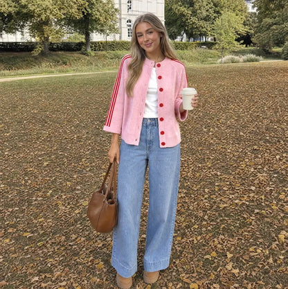 Women's Striped Three-Quarter Sleeve Button-Up Knit Cardigan