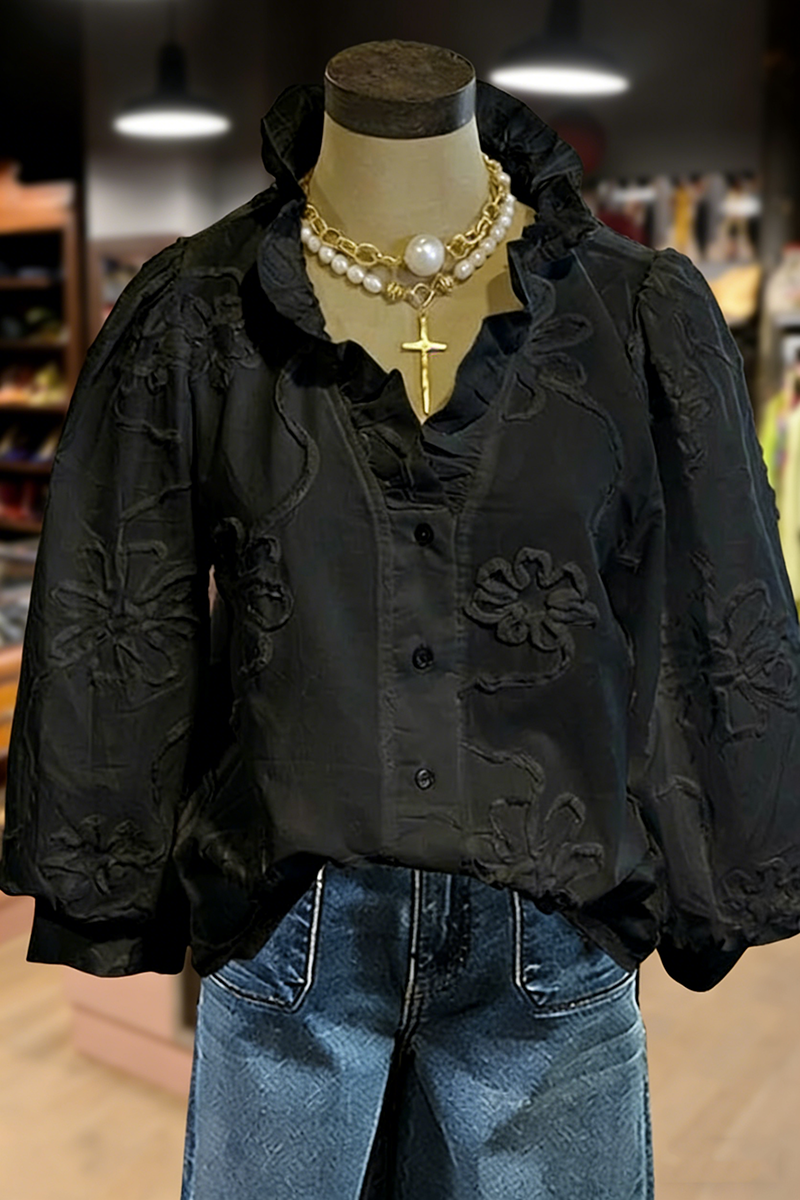 🔥🔥🔥🔥Embroidered Flower Ruffle Neck Puff Sleeve Top(BUY 2 FREE SHIPPING)