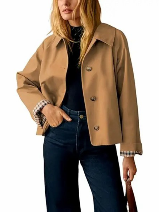 Women's Cropped Trench Jacket With Plaid Cuff Lining