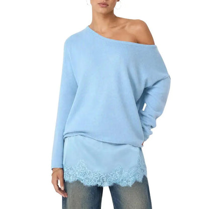 Women's one-shoulder lace-trimmed long-sleeved knit top