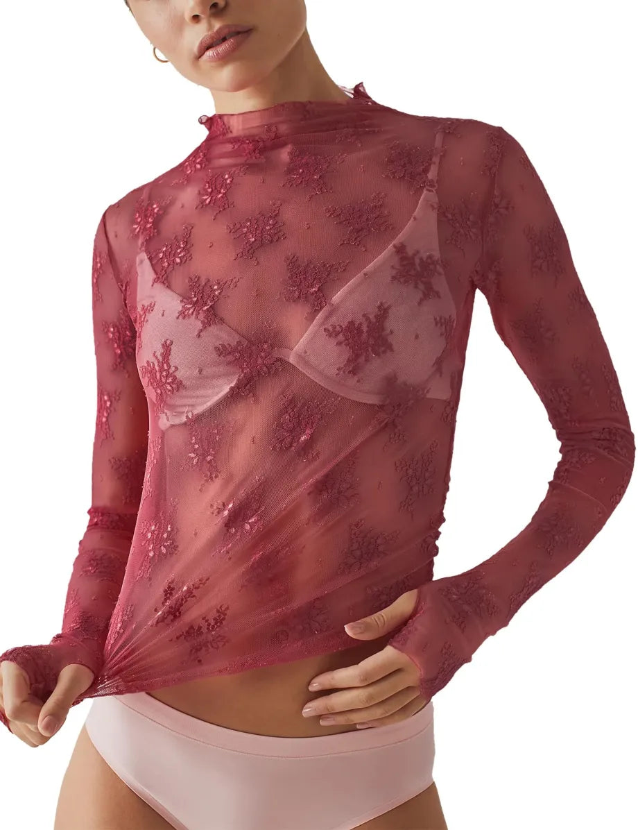 Women Long Sleeve Tops Sheer Lace Basic Shirt Casual Pullover for Fall Club Streetwear Aesthetic Clothes(Buy 3 Free Shipping)