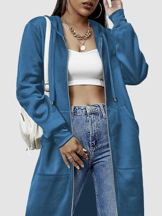 Women Oversized Full Zip Long Length Hooded Jacket with Side Pockets