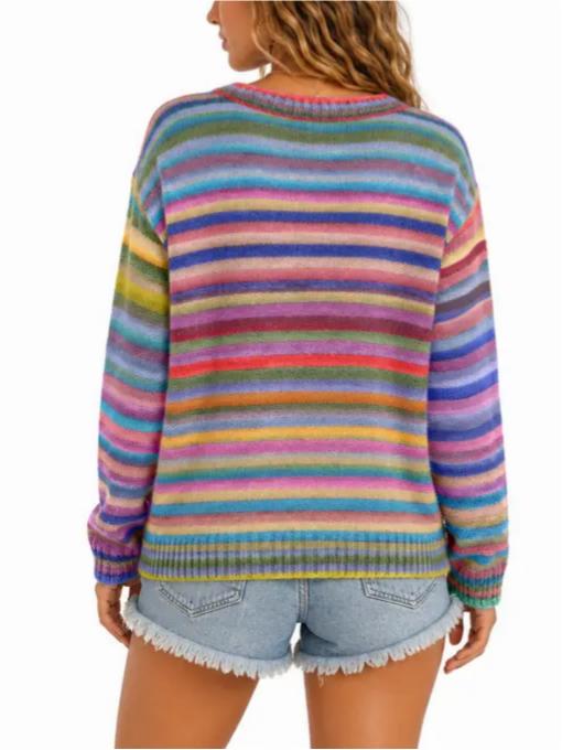 Limited time sale🔥Women Sweet Casual Rainbow Stripe Open‑Front Long‑Sleeve Knit Cardigan