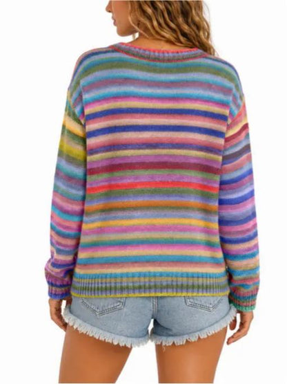 Limited time sale🔥Women Sweet Casual Rainbow Stripe Open‑Front Long‑Sleeve Knit Cardigan