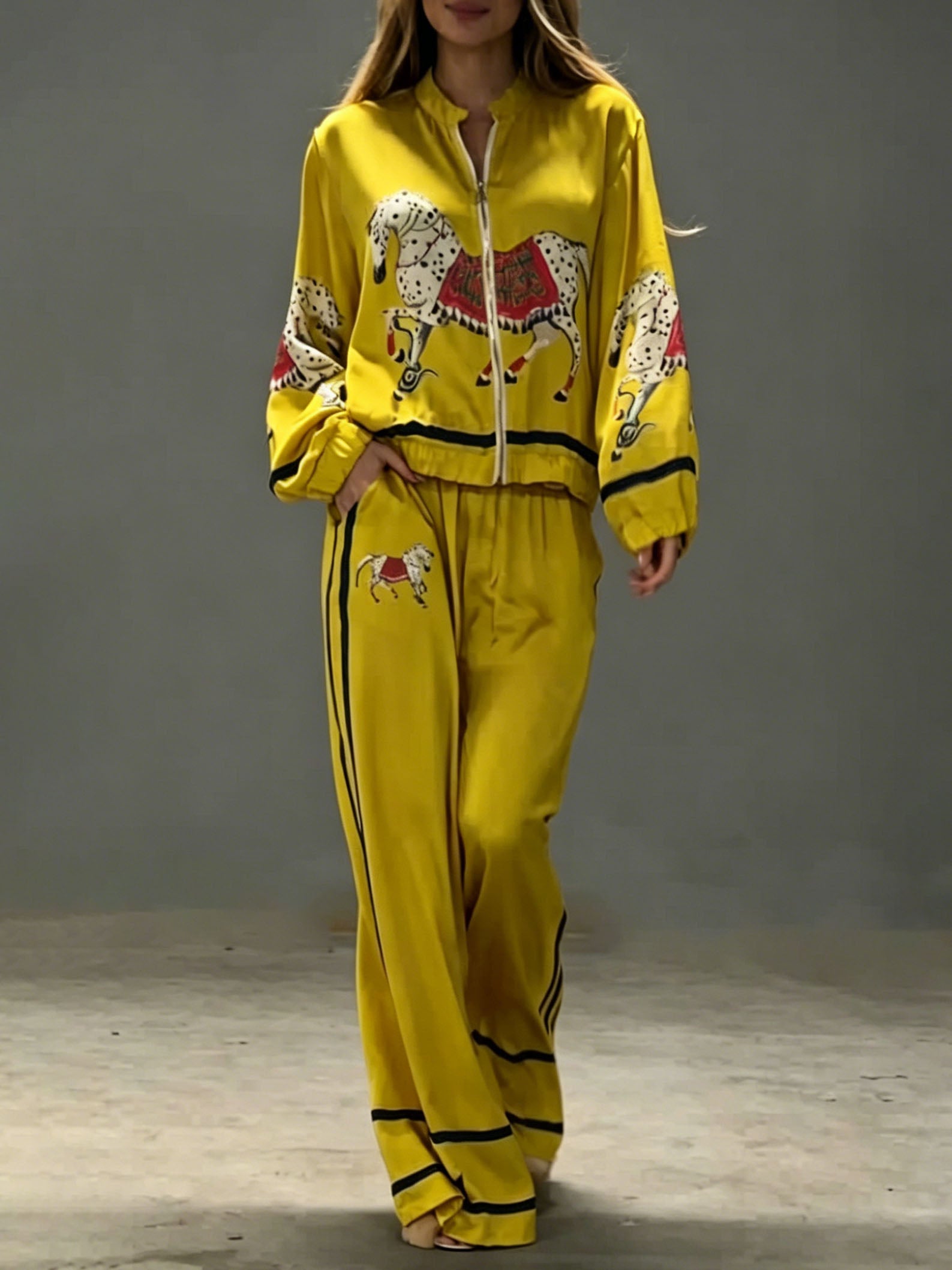 Exquisite Satin Horse Print Zip-Up Shirt