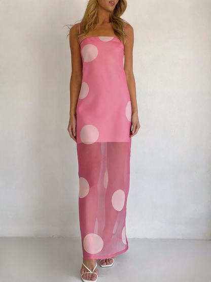 Women's Polka Dot Sheer Overlay Maxi Slip Dress