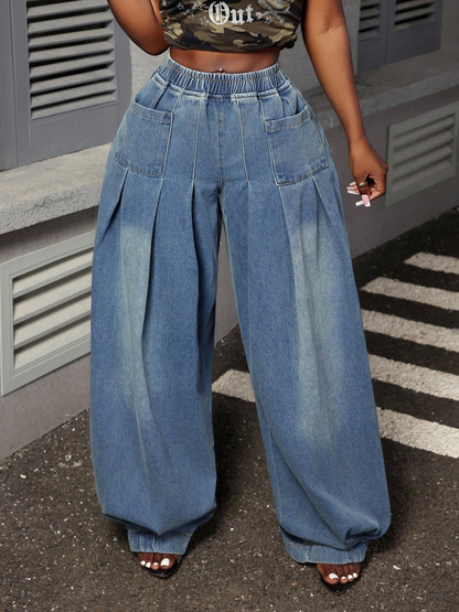 Wide Leg Pleated Denim Jeans