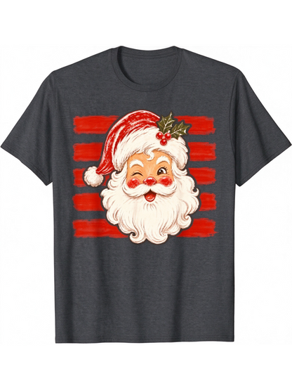 Vintage Christmas Santa Print Casual Short Sleeve Top