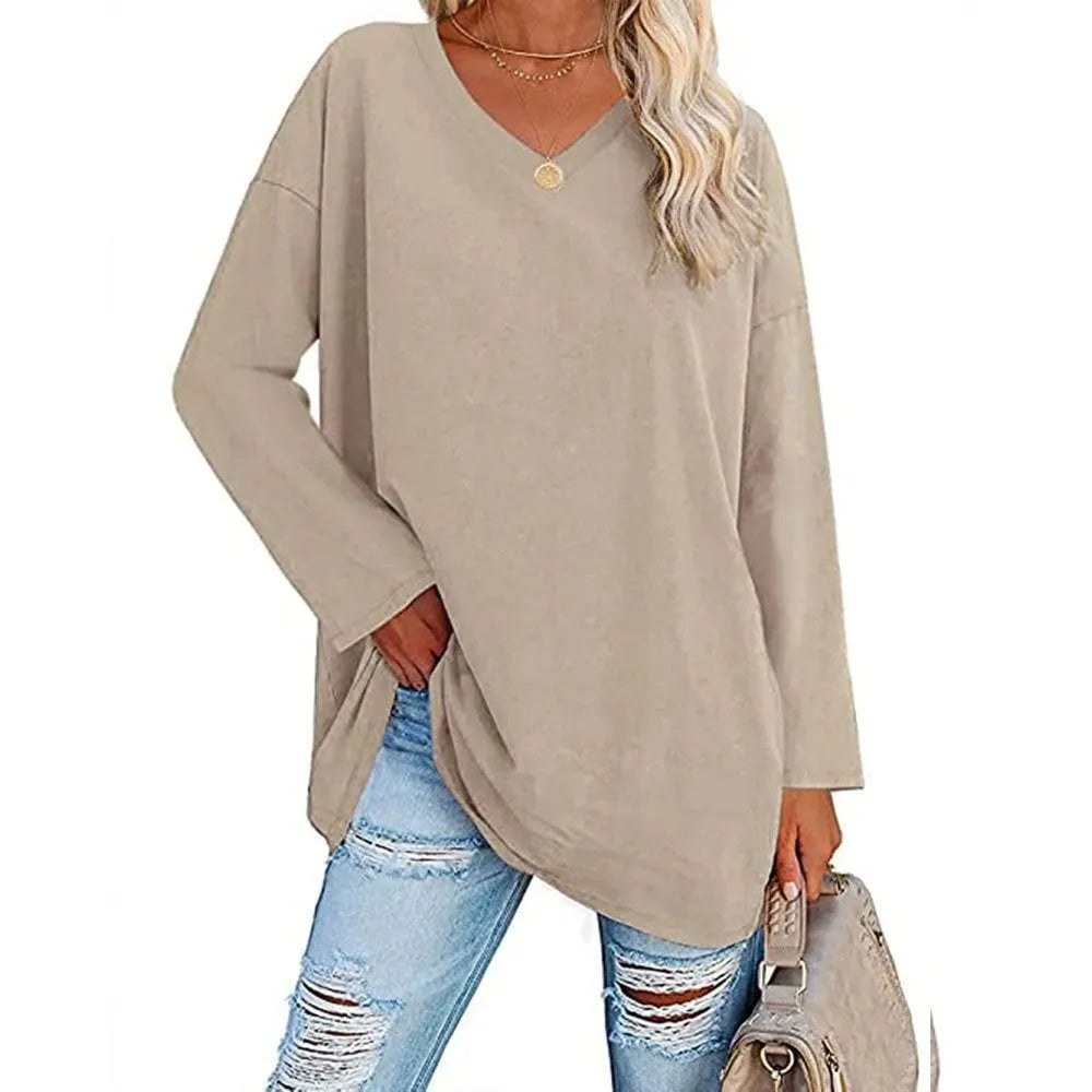 HOT SALE-WOMENS LOOSE FASHION V-NECK TOP SHORT & LONG OPTION