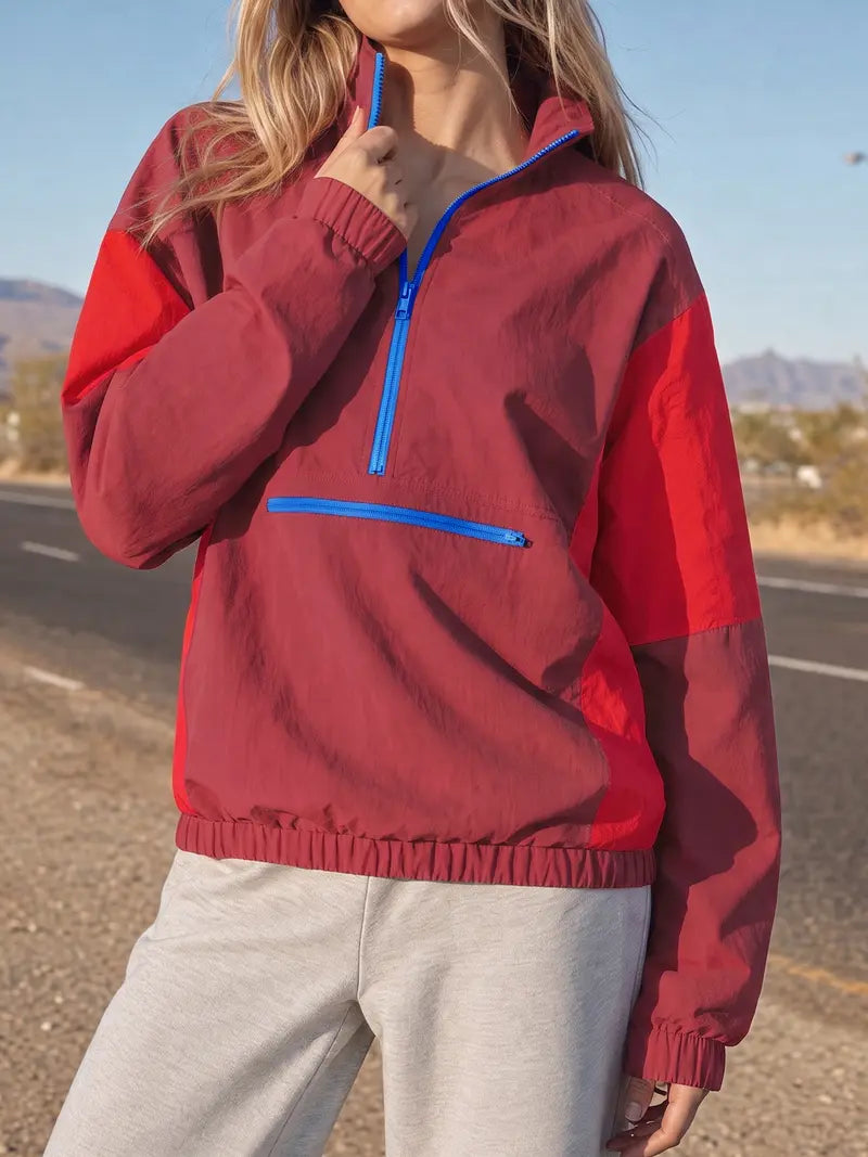 Women Retro Color Block Half Zip Windbreaker