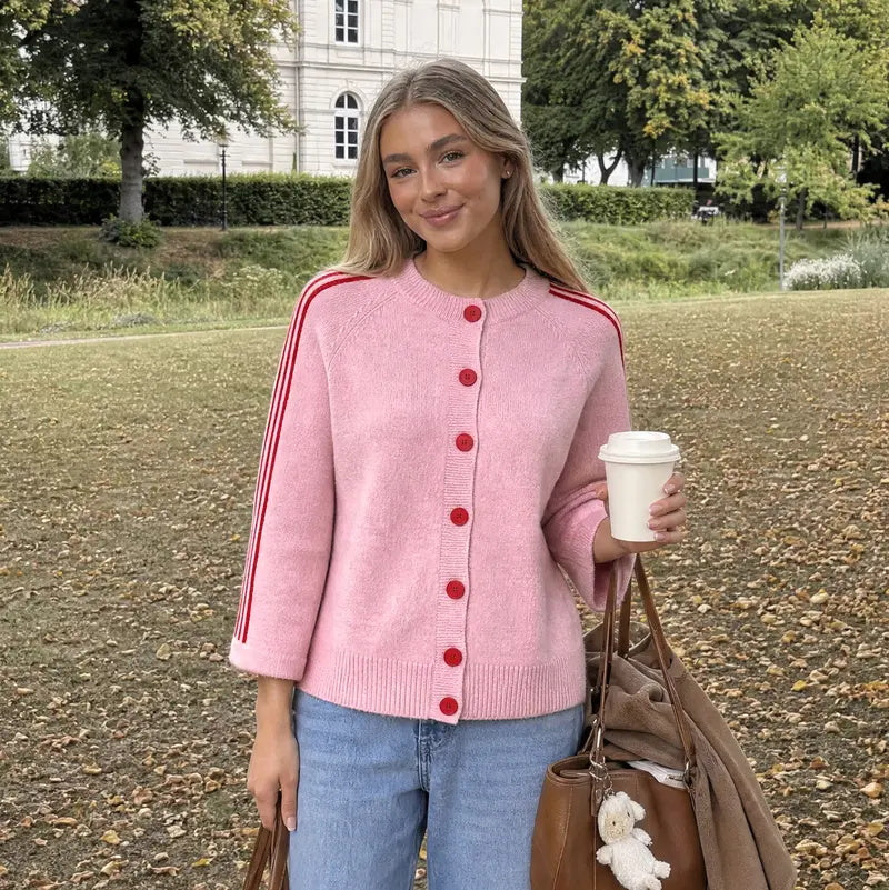 Women's Striped Three-Quarter Sleeve Button-Up Knit Cardigan