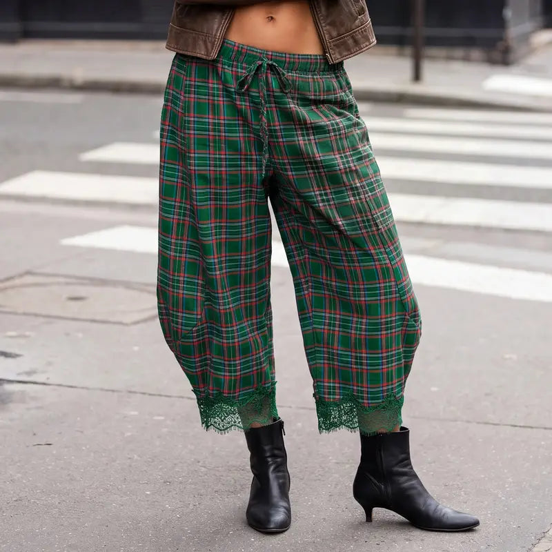 Women's Elastic Waist Drawstring Loose Casual Plaid Lace Trim Harem Pants