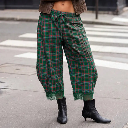 Women's Elastic Waist Drawstring Loose Casual Plaid Lace Trim Harem Pants
