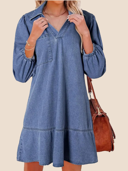 ✨Women's V-Neck Puff Sleeve Denim Layered Dress (Buy 2 Free Shipping)
