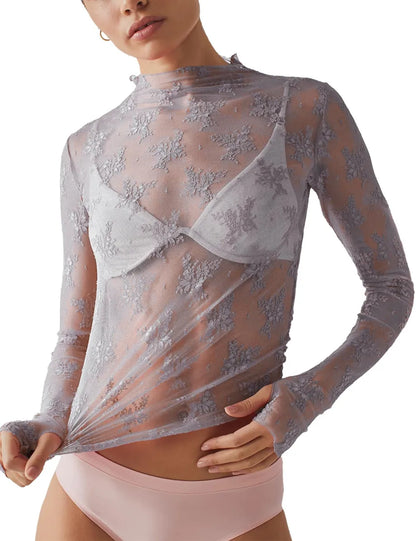 Women Long Sleeve Tops Sheer Lace Basic Shirt Casual Pullover for Fall Club Streetwear Aesthetic Clothes(Buy 3 Free Shipping)