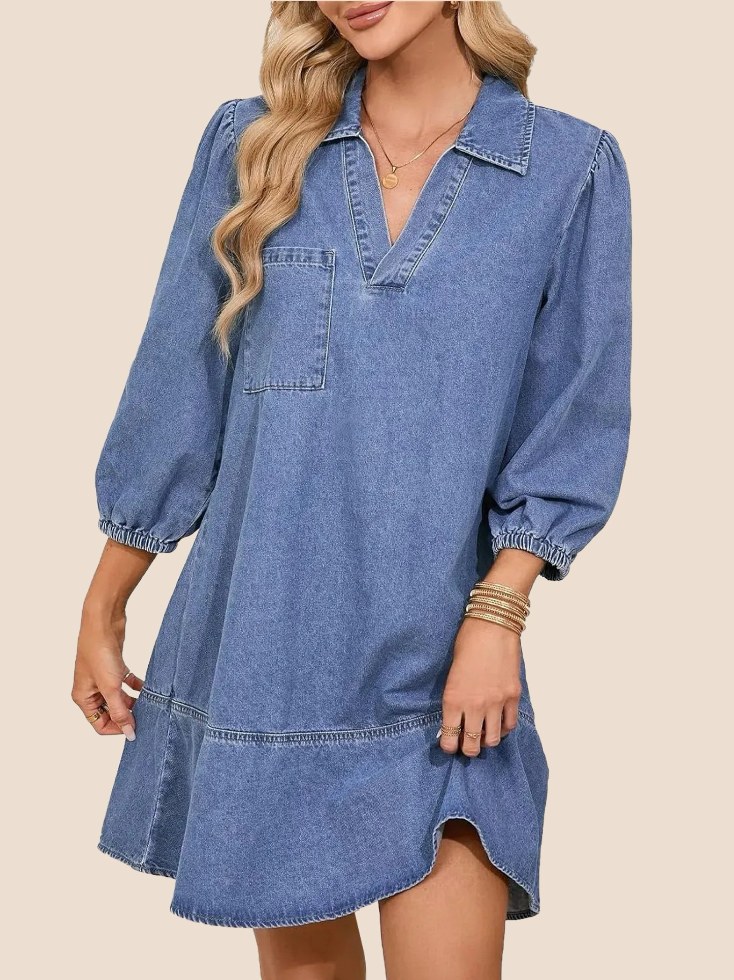✨Women's V-Neck Puff Sleeve Denim Layered Dress (Buy 2 Free Shipping)