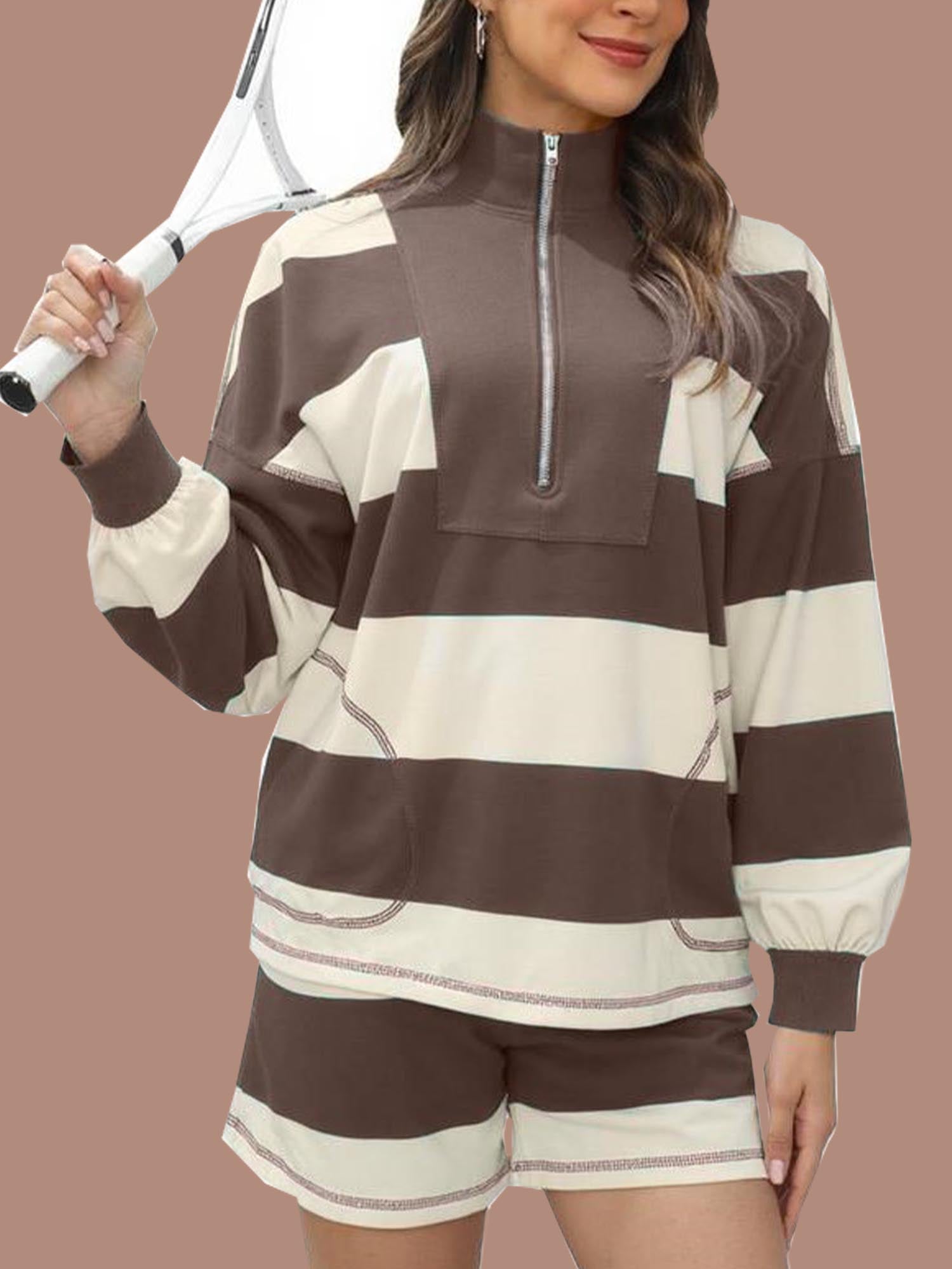 Women's 2 Piece Striped Long Sleeve Quarter Zip Lounge Set (Buy 2 Free Shipping)