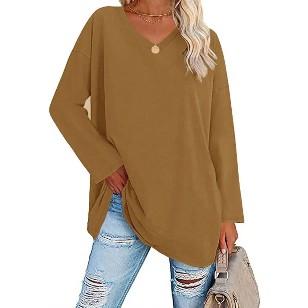 WOMENS LOOSE FASHION V-NECK TOP SHORT & LONG OPTION