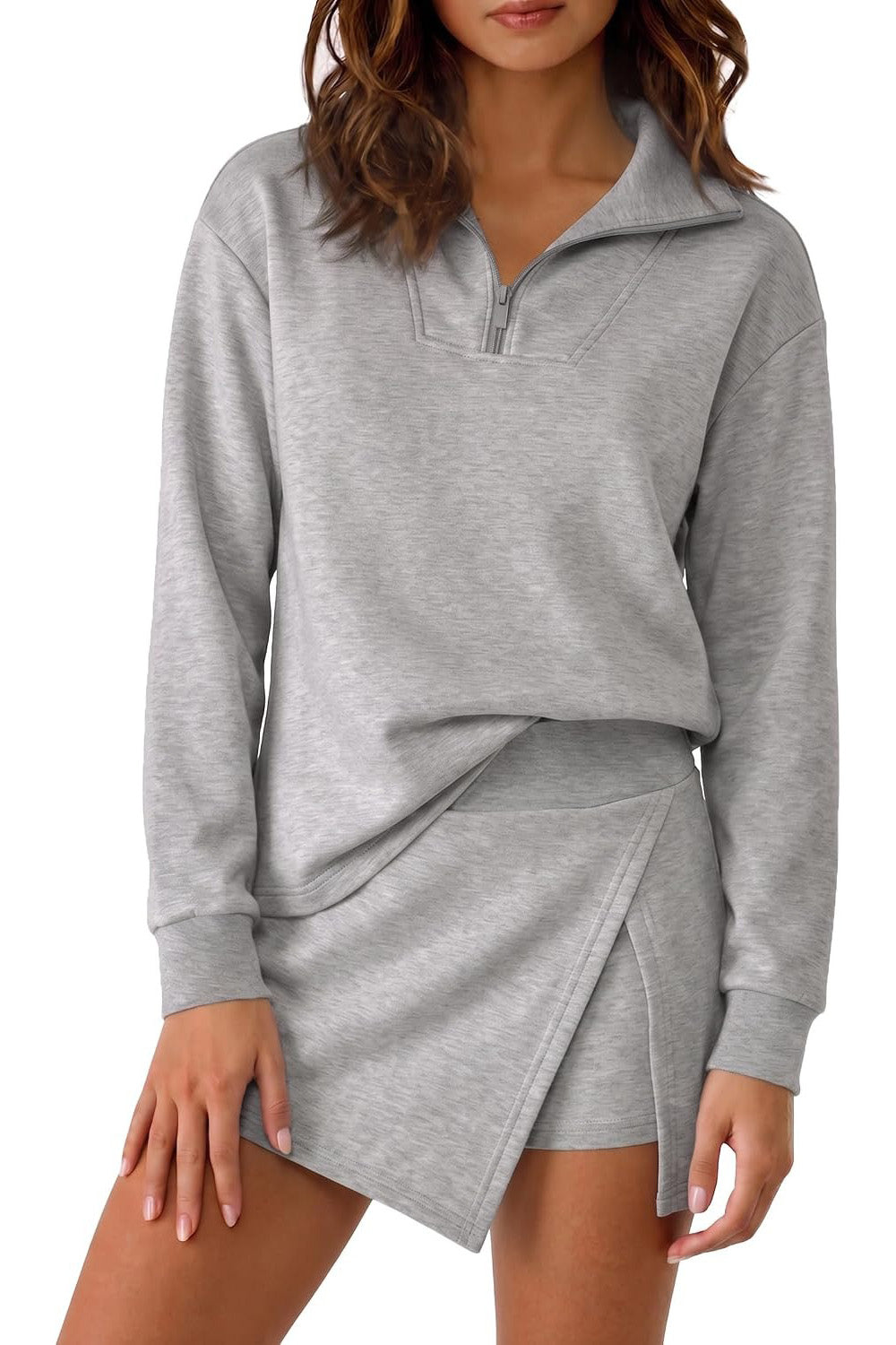 Hot Sale-Women's Half Zip Long?Sleeve Top & Wrap Skort 2 Piece Casual Set