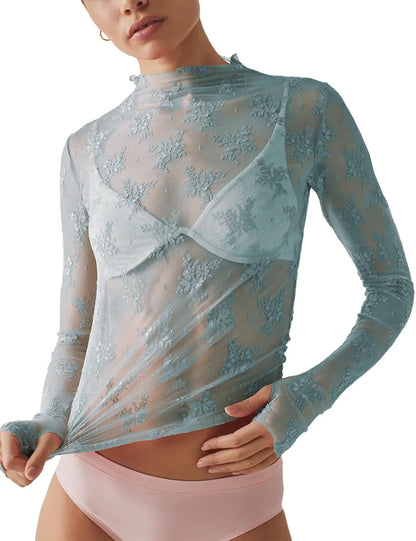 Women Long Sleeve Tops Sheer Lace Basic Shirt Casual Pullover for Fall Club Streetwear Aesthetic Clothes(Buy 3 Free Shipping)