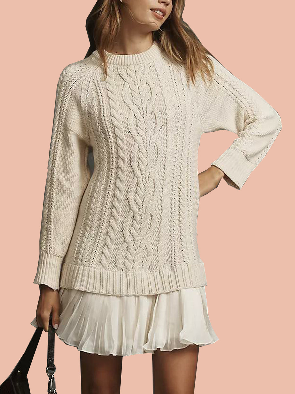 Women's Crewneck Cable Knit Sweater Mini Dress (Buy 2 Free Shipping)