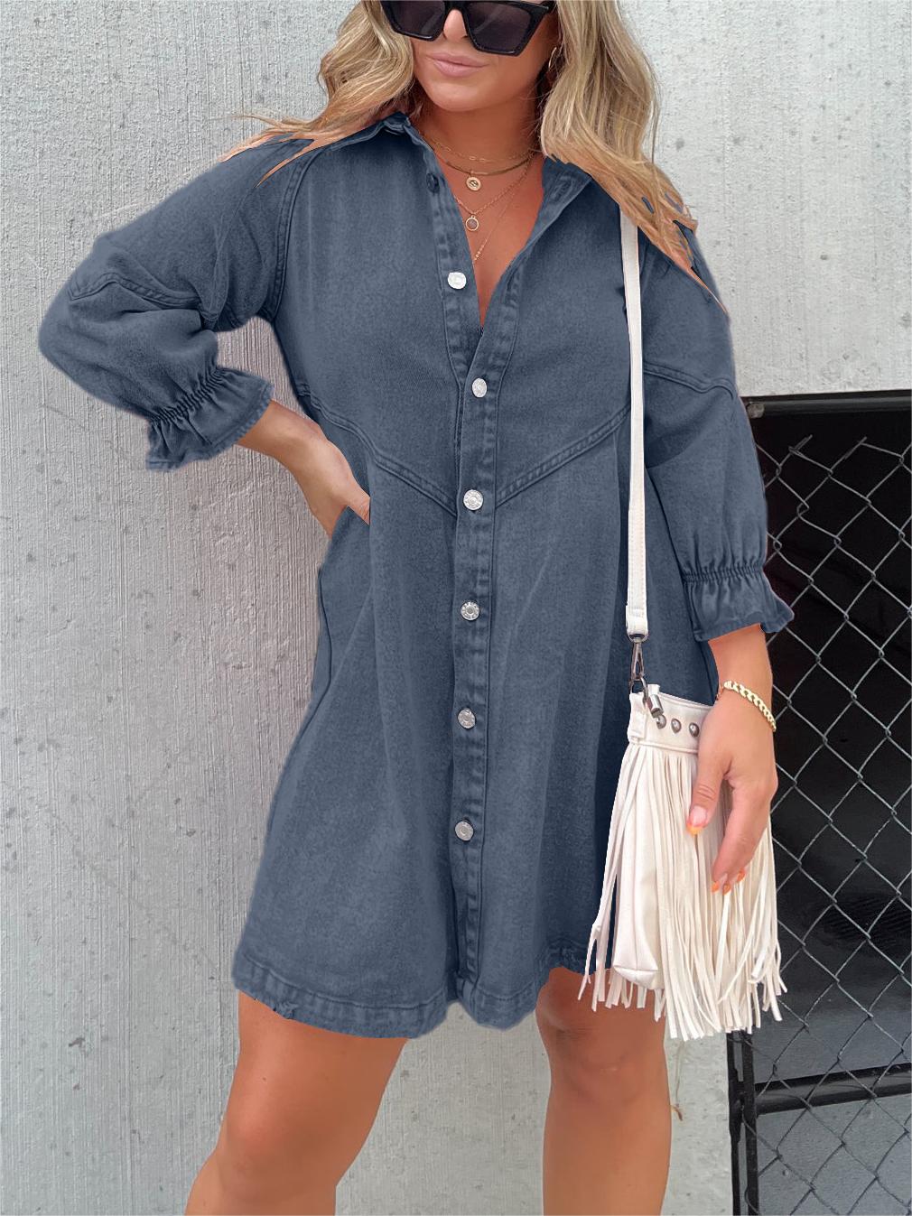 🔥🔥🔥🔥Women's Washed Denim Puff Sleeve Dress (Buy 2 Free Shipping)