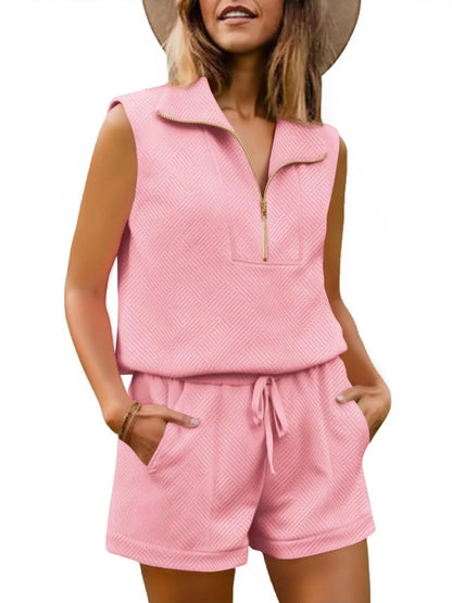 Womens 2 Piece Outfits Short Sets Half Zip Sleeveless Tops and Drawstring Shorts