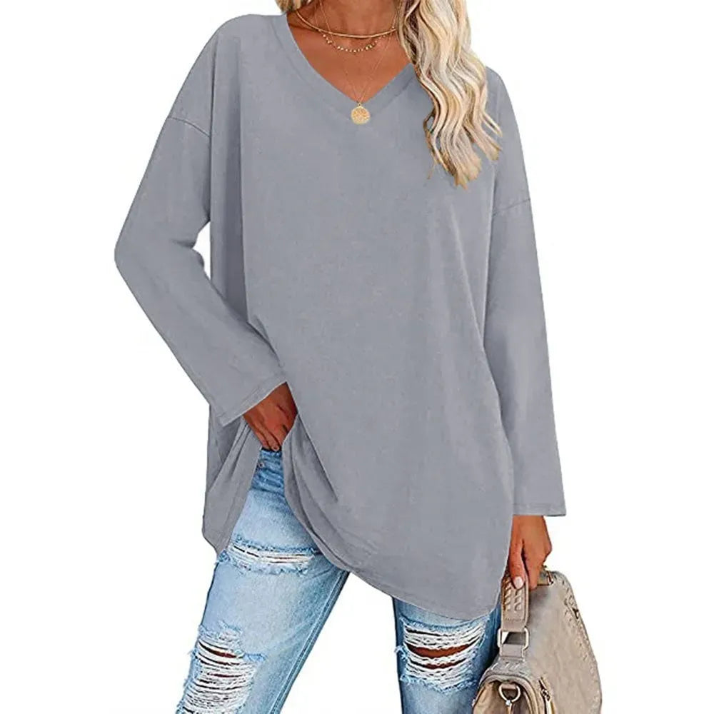 WOMENS LOOSE FASHION V-NECK TOP SHORT & LONG OPTION