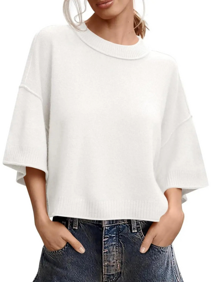 Oversized Cropped Short‑Sleeve Knit Top 🍂 Drop‑Shoulder Crew Neck Exposed‑Stitching Casual Tops