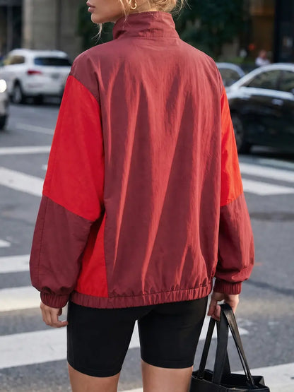 Women Retro Color Block Half Zip Windbreaker