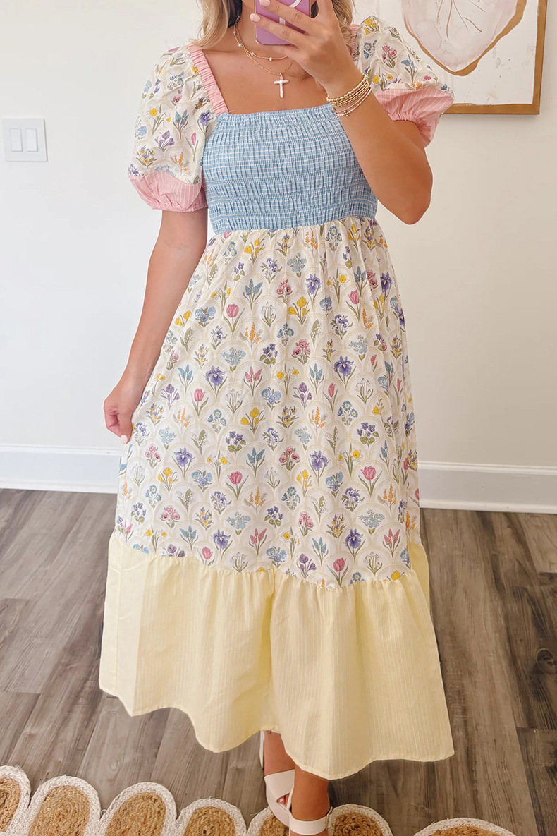 Women's Mixed Print Smocked Tiered Midi Dress