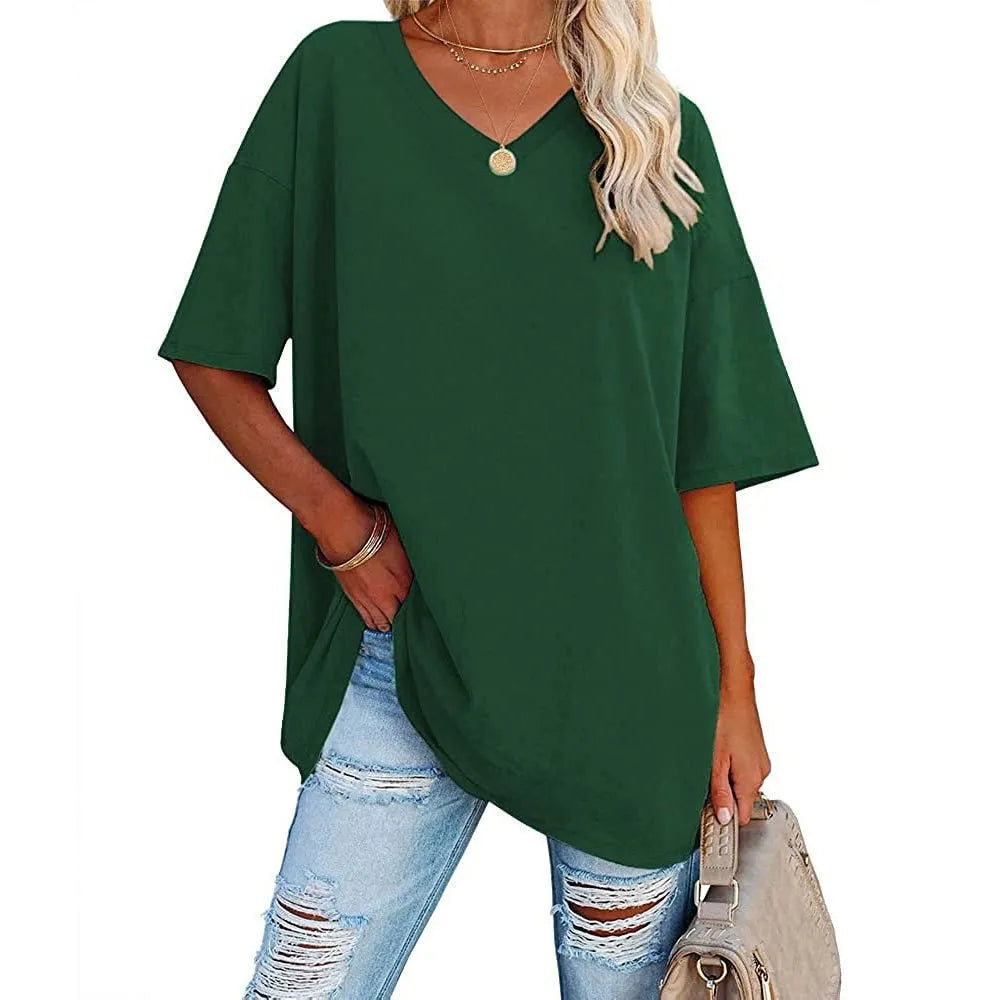 HOT SALE-WOMENS LOOSE FASHION V-NECK TOP SHORT & LONG OPTION