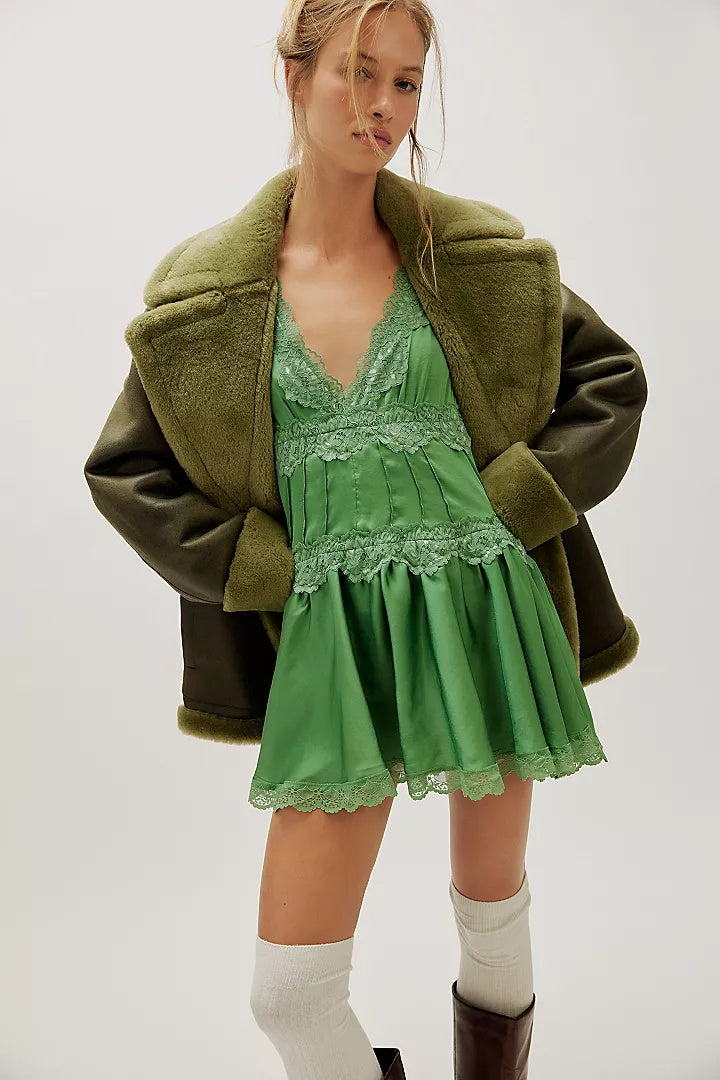 Women's V‑Neck Lace Trim Tiered Mini Slip Dress