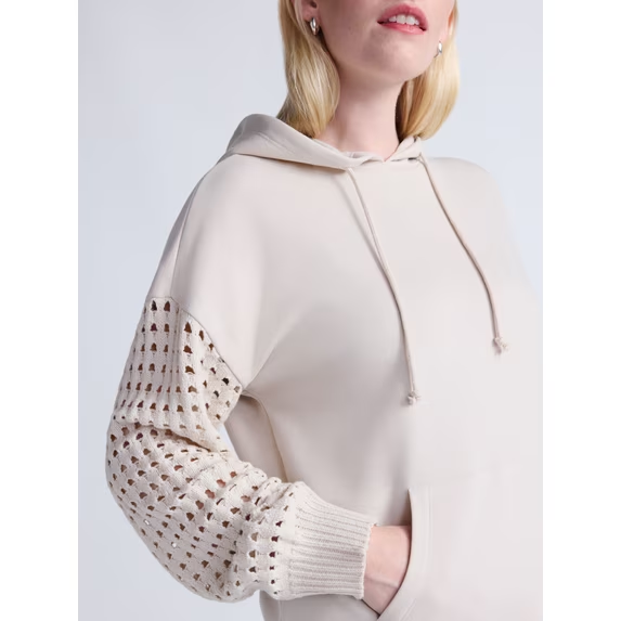 Women Mixed Knit Long Sleeve Hoodie With Pocket