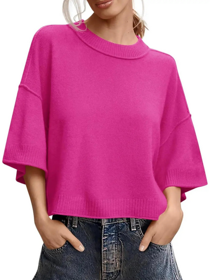 Oversized Cropped Short‑Sleeve Knit Top 🍂 Drop‑Shoulder Crew Neck Exposed‑Stitching Casual Tops