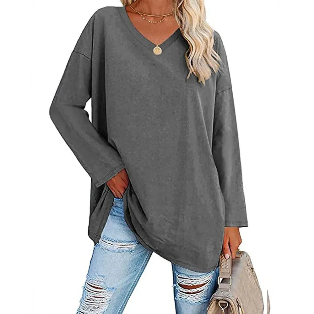 WOMENS LOOSE FASHION V-NECK TOP SHORT & LONG OPTION
