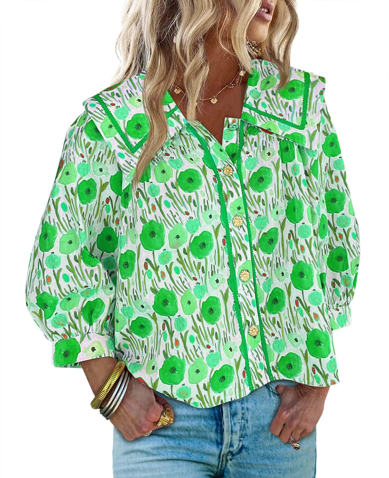 HOT SALE Women's Floral Collared 3/4 Lantern Sleeve Button Down Shirt