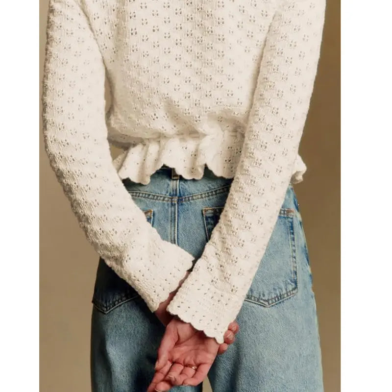 Women's Hollow Out Crochet Cardigan, V Neck Tie Front Long Sleeve Knit Crop Top
