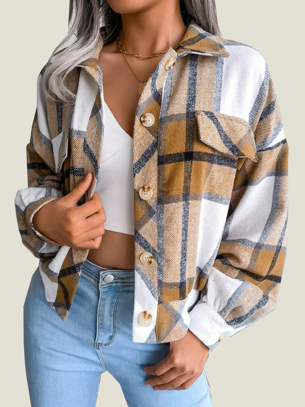 Women's Flannel Plaid Button Down Cropped Jacket (Buy 2 Free Shipping)