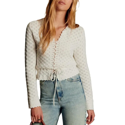 Women's Hollow Out Crochet Cardigan, V Neck Tie Front Long Sleeve Knit Crop Top