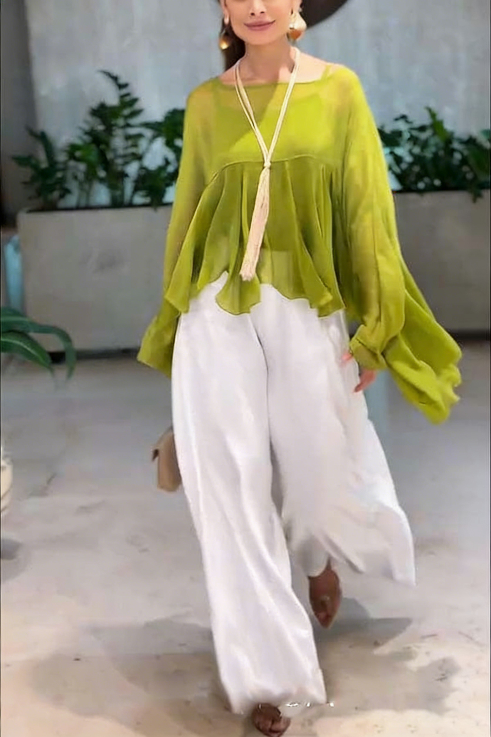 Romantic Journey Chiffon Ruffle Batwing Sleeve Top and Elastic Waist Pocket Loose Pants