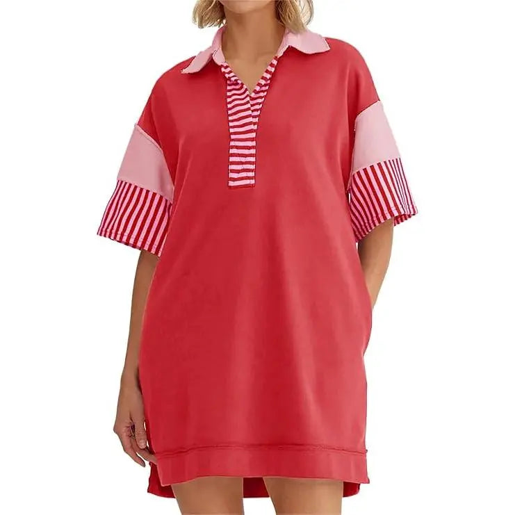 Women's Polo V Neck T Shirt Dress Casual Summer Oversized Color Block Short Sleeve Sweatshirt Mini Dresses