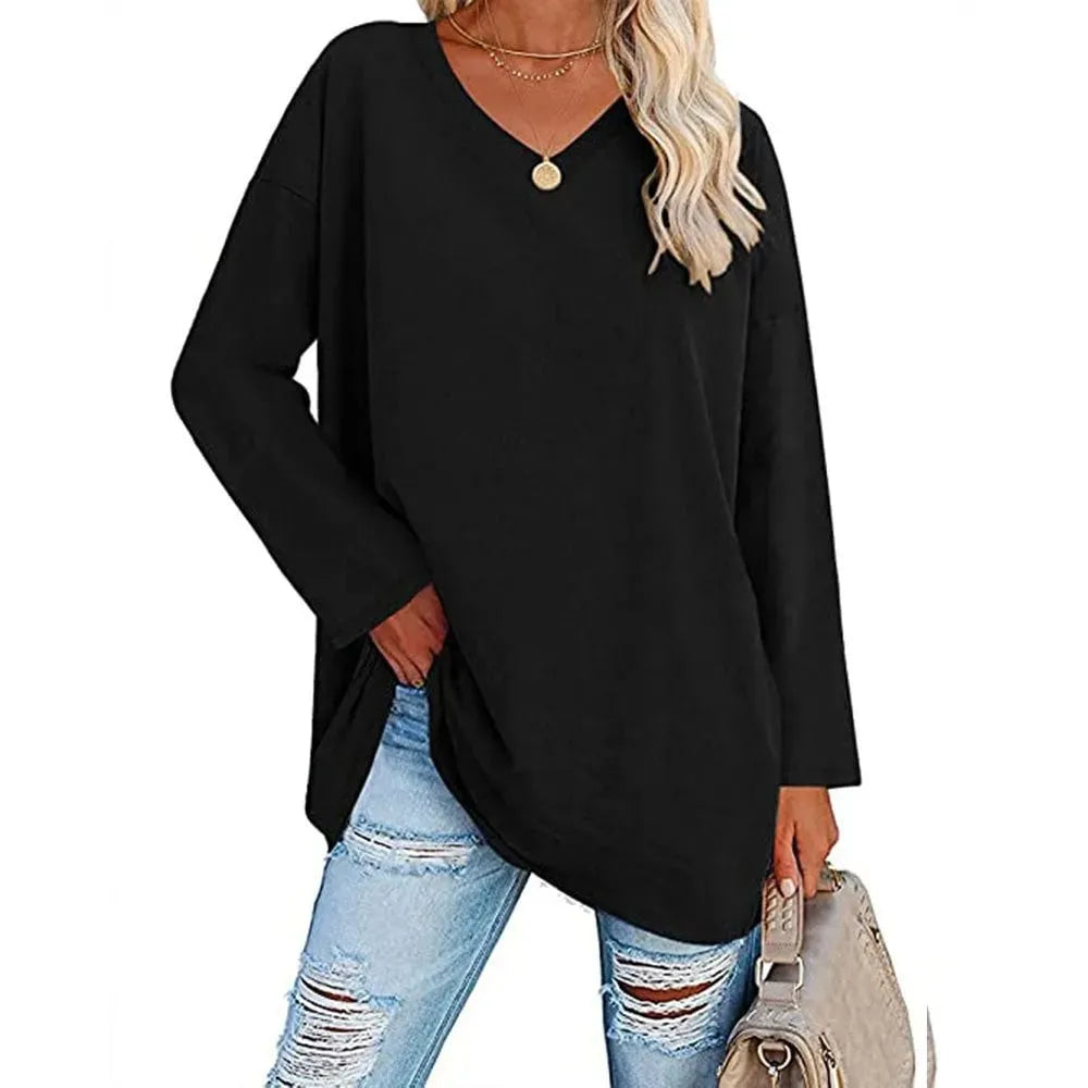 WOMENS LOOSE FASHION V-NECK TOP SHORT & LONG OPTION