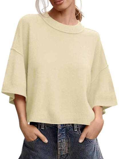 Oversized Cropped Short‑Sleeve Knit Top 🍂 Drop‑Shoulder Crew Neck Exposed‑Stitching Casual Tops