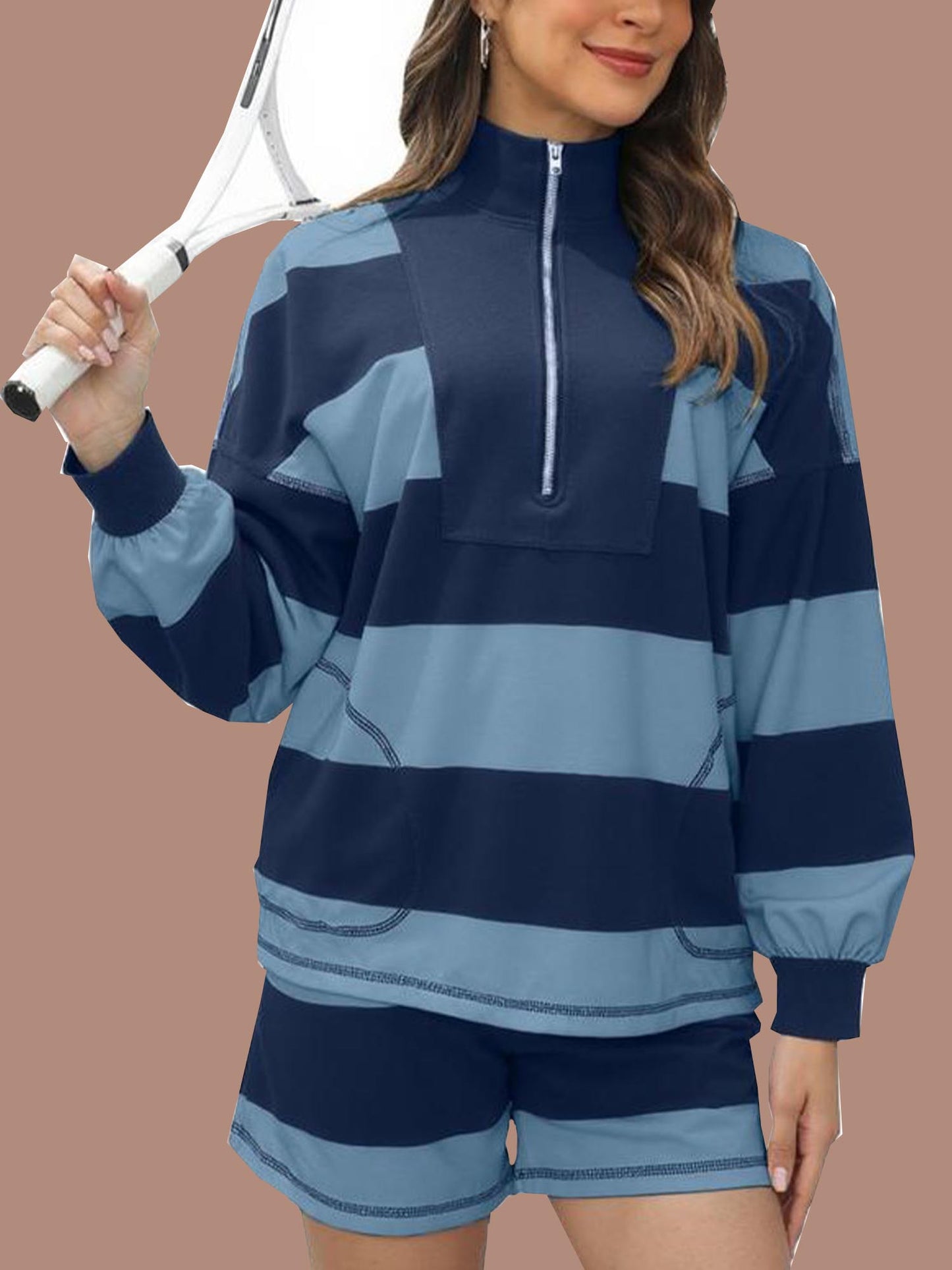 Women's 2 Piece Striped Long Sleeve Quarter Zip Lounge Set (Buy 2 Free Shipping)