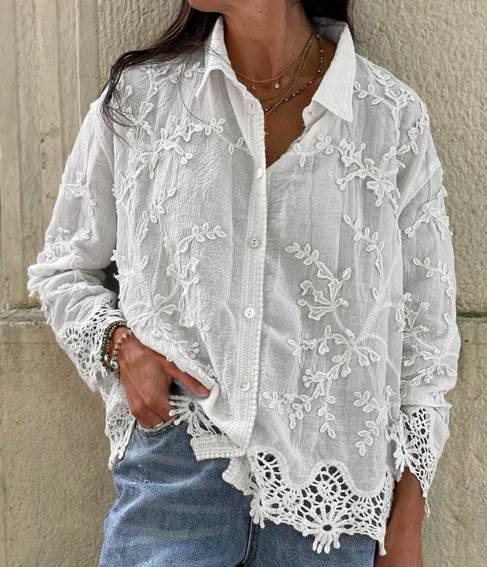 Cotton and linen collared 3D embroidered shirt（BUY 2 FREE SHIPPING)
