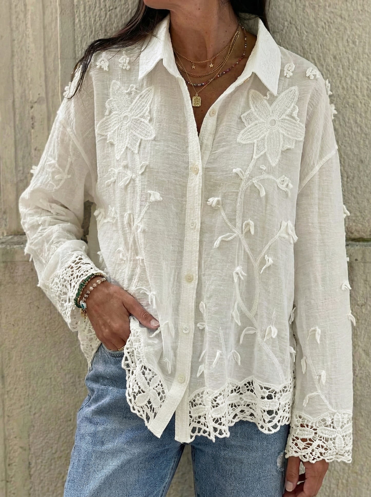Cotton and linen collared 3D embroidered shirt（BUY 2 FREE SHIPPING)
