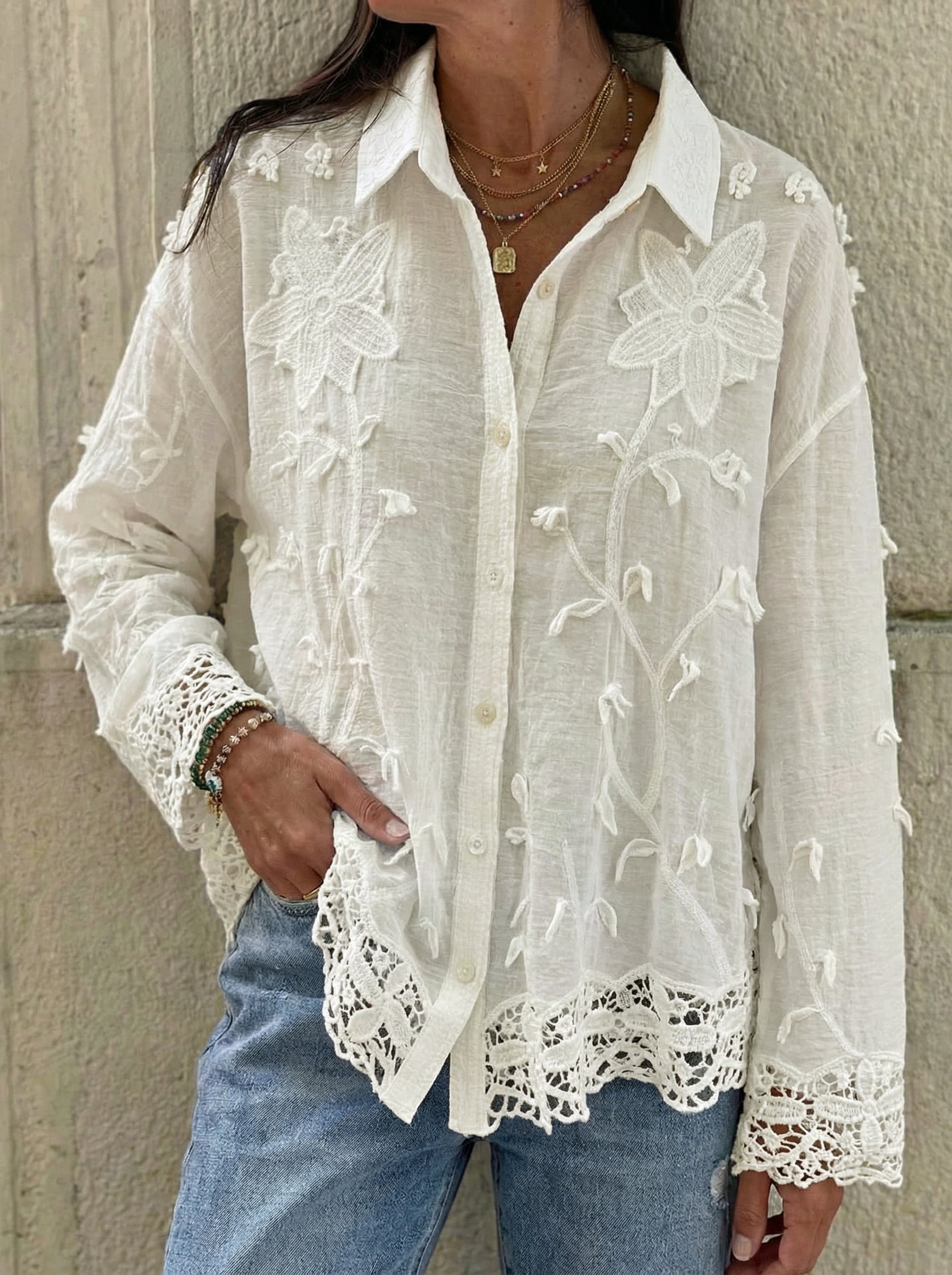 Cotton and linen collared 3D embroidered shirt（BUY 2 FREE SHIPPING)