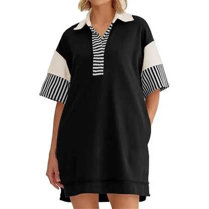 Women's Polo V Neck T Shirt Dress Casual Summer Oversized Color Block Short Sleeve Sweatshirt Mini Dresses